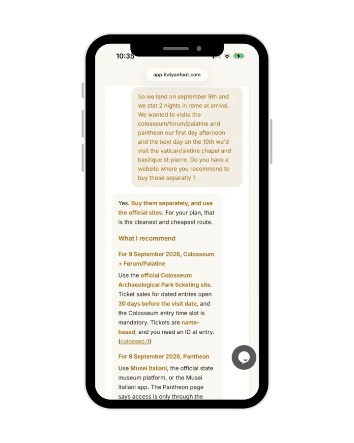 Concierge screen: a traveller asks where to buy Colosseum and Pantheon tickets for specific September dates and gets official-site guidance