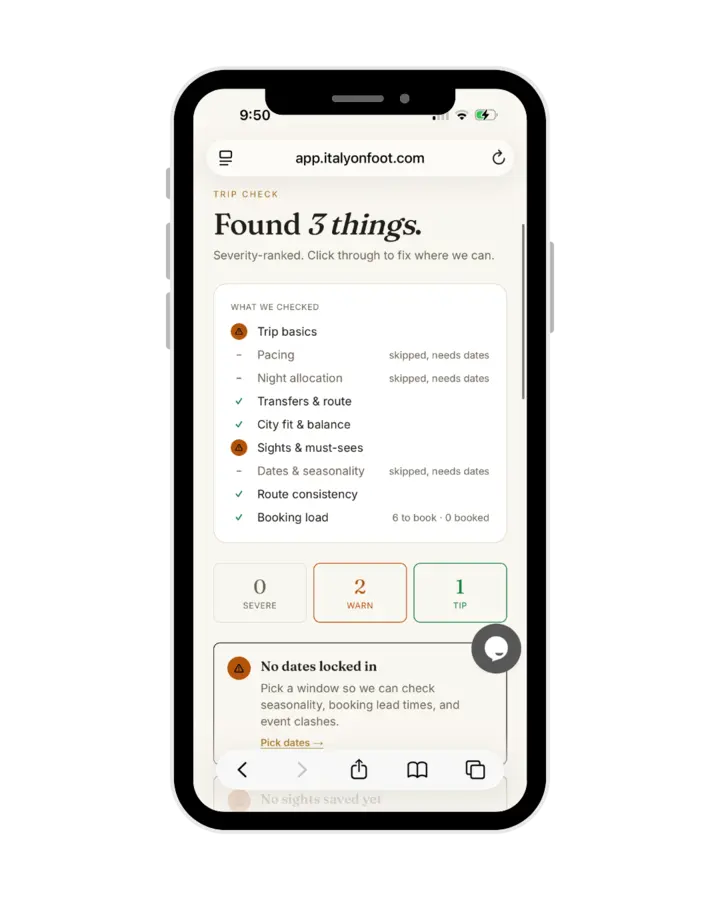Trip Check screen: a list of what was checked, with warnings and tips ranked by severity