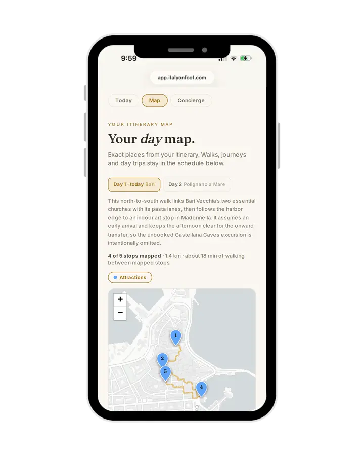 Map screen: numbered stops for a day in Bari on a street map with the walking route drawn between them