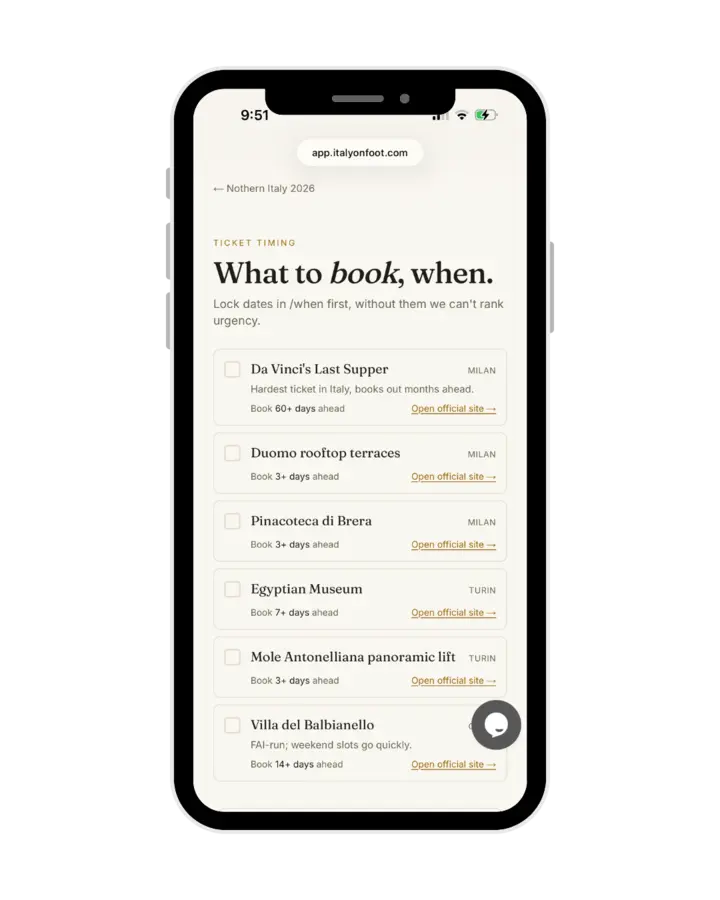 Ticket Timing screen: a checklist of attractions with how far ahead to book and links to the official sites
